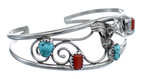 Sterling Silver Turquoise Coral Flower Leaf Navajo Cuff Bracelet JX121739